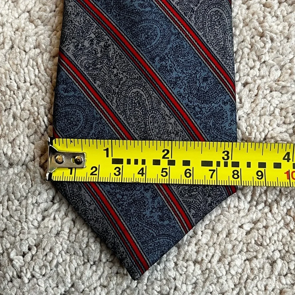 Vintage Hardy Amies London 100% Silk Neck Tie Blue Paisley Red Stripe Preppy